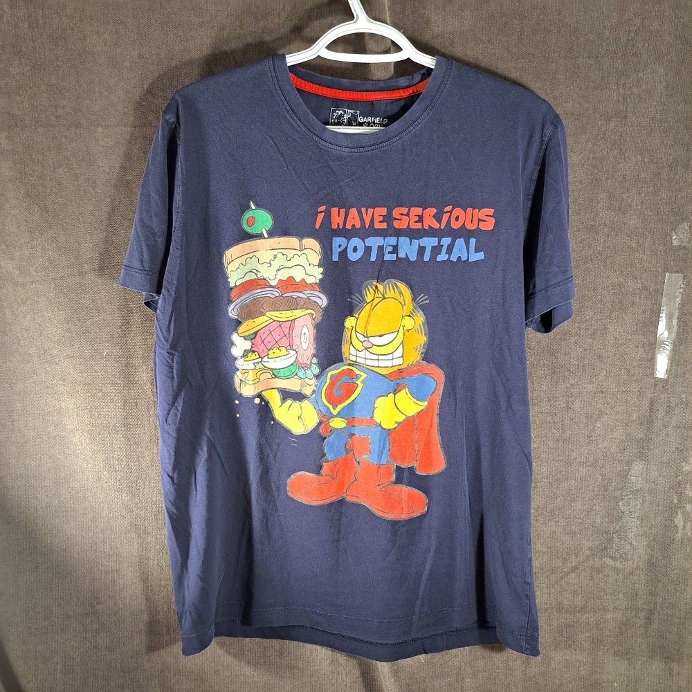 Vintage Status Quo I Have Serious Potential Garfield Superhero Graphic Tee VG L